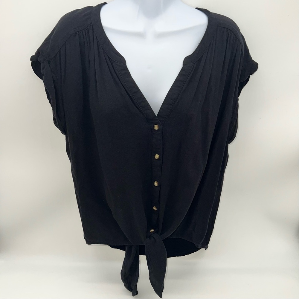 Byron Bay Elegant Black Button-Front Women's Blouse w/Front Waist Ties-Size L